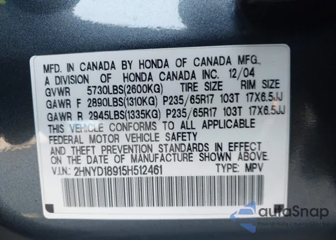 2005 Acura Mdx z USA, uszkodzony, nr VIN 2HNYD18915H512461